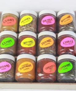 Tray with 12 Spice Jars Set. Various spices from Istanbul's Spice Bazaar.