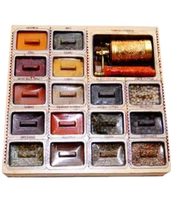 A square box with 17 Spices Set individually packed in an array of colours with a complimentary pepper grinder.