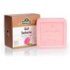 Bronze,white box with picture of a pink rose. Showing a square pink bar of Natural Pure Rose Soap.