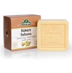 Bronze, white box with picture of sulphur, with yellow square bar of Turkish Natural Sulphur Soap