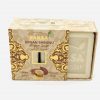 Half open beige golden box with Argan and showing a square bar of Organic Argan Soap.