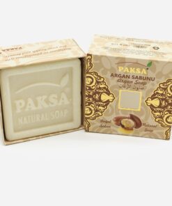 Open beige golden box with Argan and showing a square bar of Organic Argan Soap.