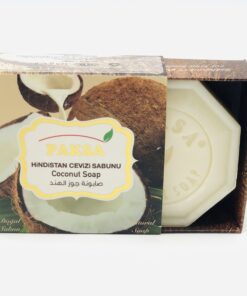 Box with a halved coconut and coconut milk slightly open with hexagonal Organic Coconut Soap.