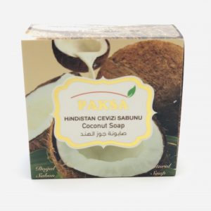 Box with a halved coconut and coconut milk with hexagonal Organic Coconut Soap.