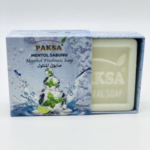 A light blue box slightly slid open showing a square piece of Menthol Soap.