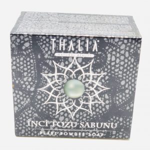 Grey box with star and pearl with inside Organic Pearl Powder Soap.