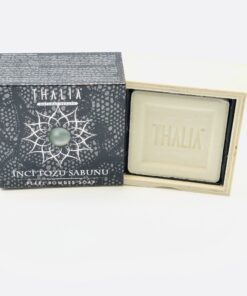 Open Grey box with star and pearl showing a square bar of Organic Pearl Powder Soap.