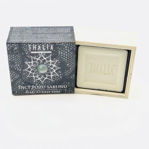 Open Grey box with star and pearl showing a square bar of Organic Pearl Powder Soap.