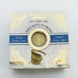 Beige, golden box with blue line inside a square white bar of Organic Goat Milk Soap.