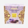 Closed purple golden box with Saffron flower and a hexagonal yellow coloured Organic Saffron Soap.