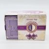 Half open beige, purple, golden box with Lavender showing a square bar of purple Organic Lavender Soap