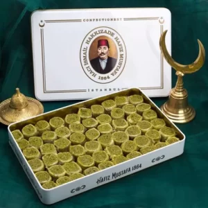 White metal box filled with Hafız Mustafa - Pistachio Saray Rolls
