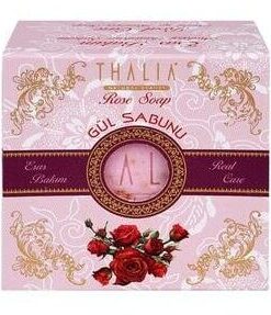 Pink and maroon box with a red roses picture inside a square bar of Organic Rose Soap.