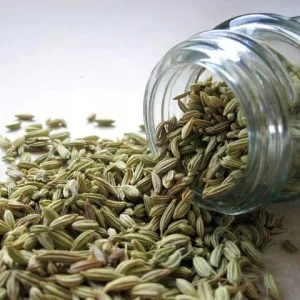 Glass jar toppled over filled with Fennel Seed and excess Fennel Seed pouring out