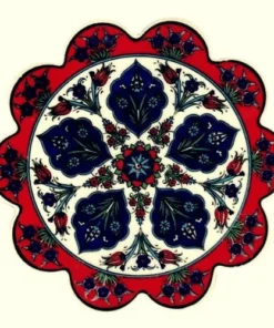 Palmette Tulip Design Ceramic Coaster - Handmade in Turkey