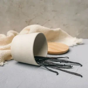 A bunch of Vanilla Sticks in a ceramic jar toppled over.