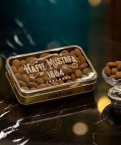 Hafiz Mustafa Metal Box and glass bowl filled with Cinnamon Coated Almond