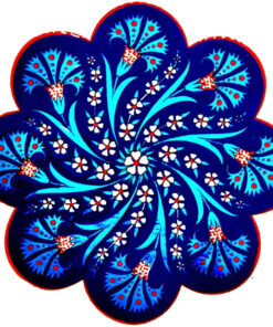 Blue Carnation Design Ceramic Coaster - Handmade in Turkey