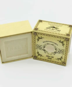 Open beige,golden box with Olive branches and showing a square bar of Organic Olive Oil Soap