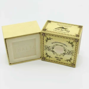 Open beige,golden box with Olive branches and showing a square bar of Organic Olive Oil Soap