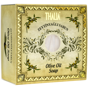 A yellow,goldenbox with Olive Branches inside a square bar of Organic Olive Oil Soap