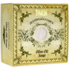 A yellow,goldenbox with Olive Branches inside a square bar of Organic Olive Oil Soap
