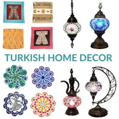 Beautiful Turkish home decor items like lamps, cushions and ceramics.