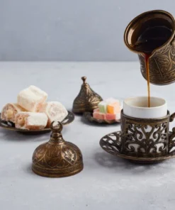 Traditional Turkish coffee cup with a serving of colorful Turkish Delight from Istanbul Classics